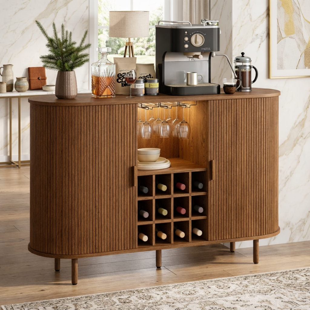 Contemporary Fluted Wooden Bar Cabinet, Coffee Station Sideboard with Wine Storage