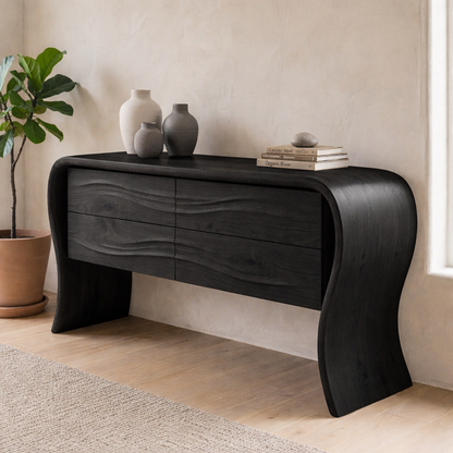 Solid Oak Console Cabinet with Drawers – Modern Curved Wood Entryway Table