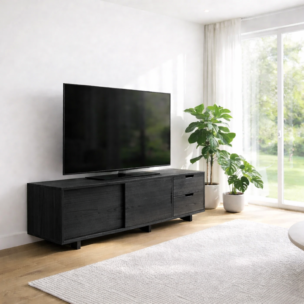 Solid Wood TV Console with Sliding Doors & Drawers – Modern Media Stand
