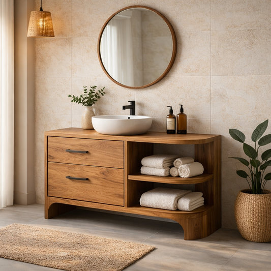 Solid Wood Bathroom Vanity with Drawers and Open Shelf – Modern Bathroom Vanity Cabinet