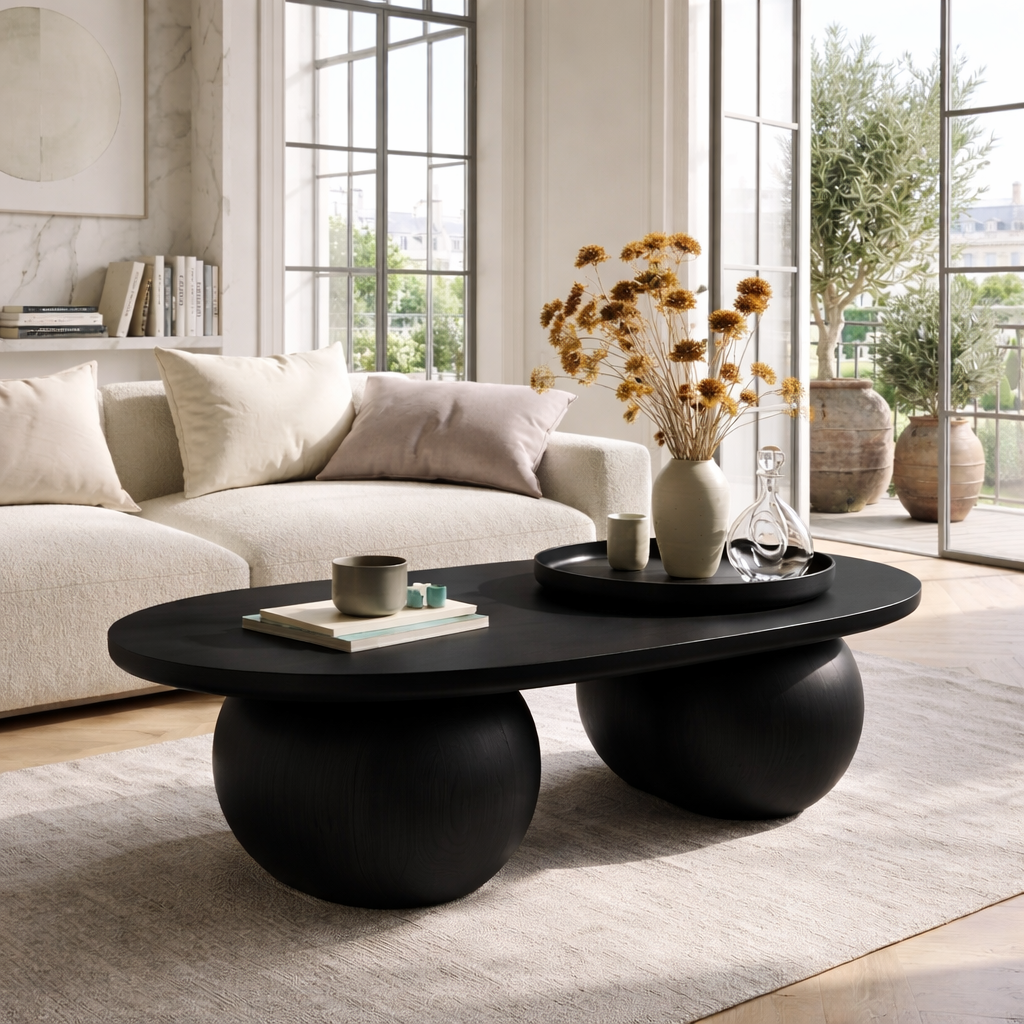 Modern Wooden Coffee Table with Round Sculptural Base