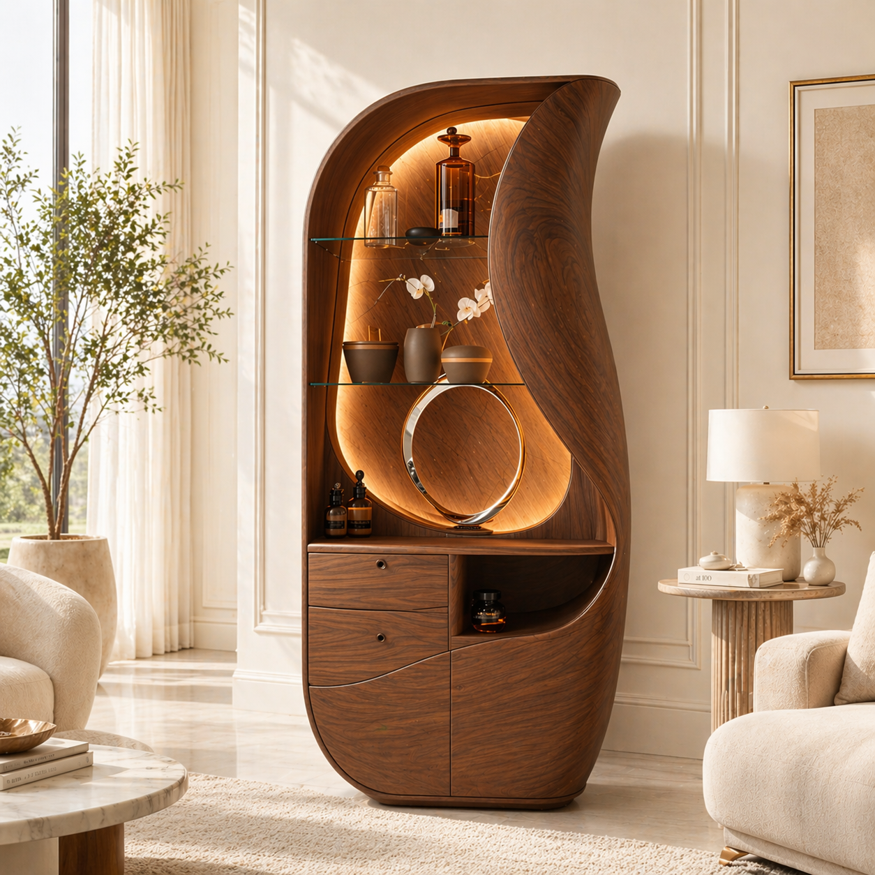 Sculptural Bar Cabinet Modern Display Shelves Accent Storage Cabinet Statement Furniture