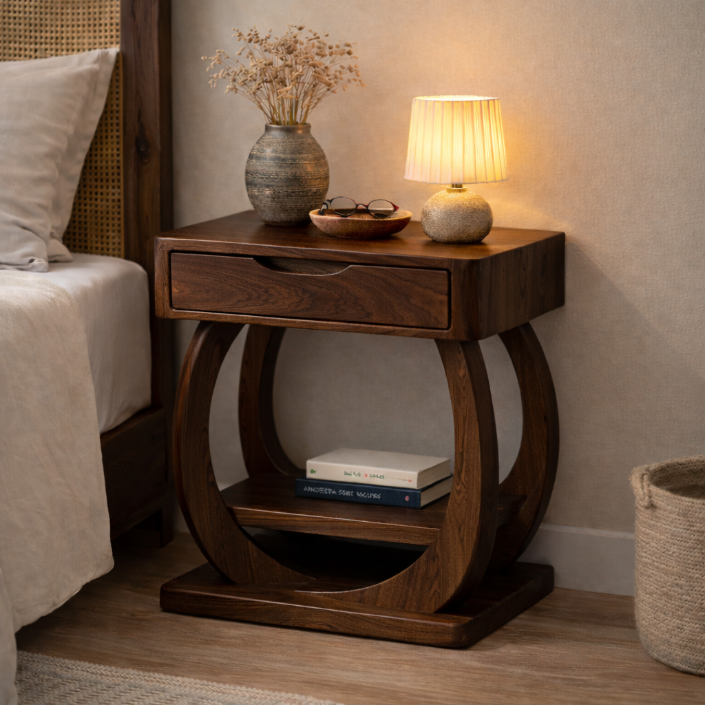 Solid Wood Nightstand with Drawer and Shelf – Modern Sculptural Bedside Table Kitchnce
