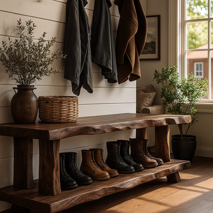 Solid Wood Entryway Bench with Shoe Storage Shelf Rustic Farmhouse Hallway Bench
