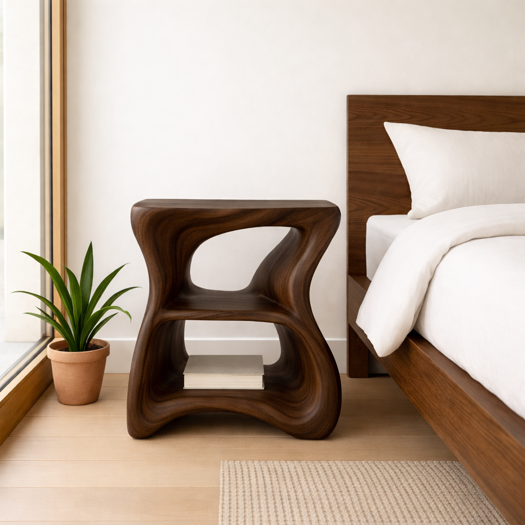Modern Solid Wood Nightstand with Curved Design - Stylish Bedside Table for Bedroom Kitchnce