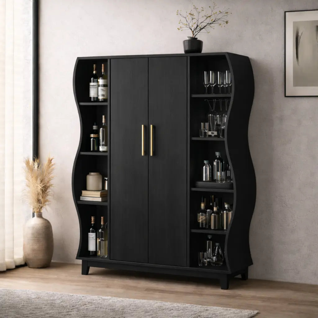 Solid Wood Curved Bar Cabinet with Open Shelves – Modern Walnut Wine Storage Cabinet Kitchnce