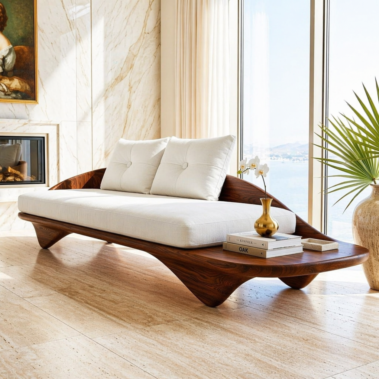Contemporary Wooden Chaise Sofa, Minimalist Lounge Daybed with Integrated Platform
