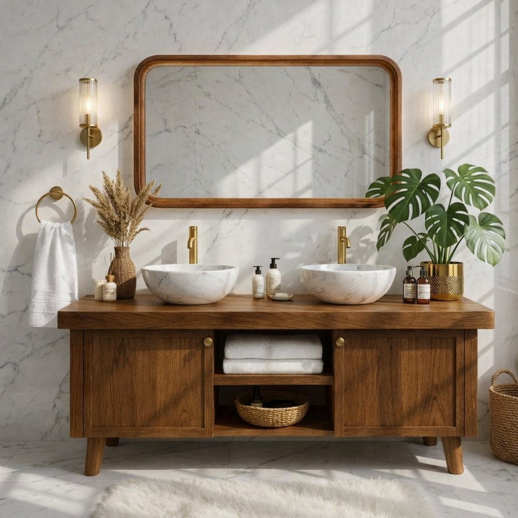 Stylish Wooden Double Sink Bathroom Vanity with Elegant Storage Kitchnce