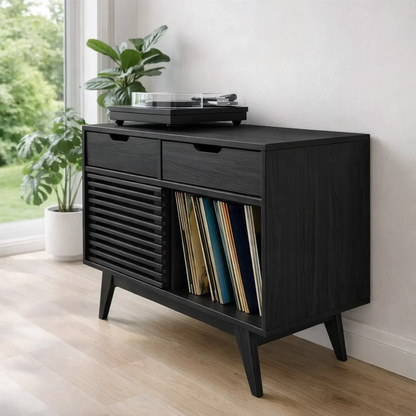 Mid Century Record Player Sideboard Cabinet with Slatted Door – Vinyl Storage Console