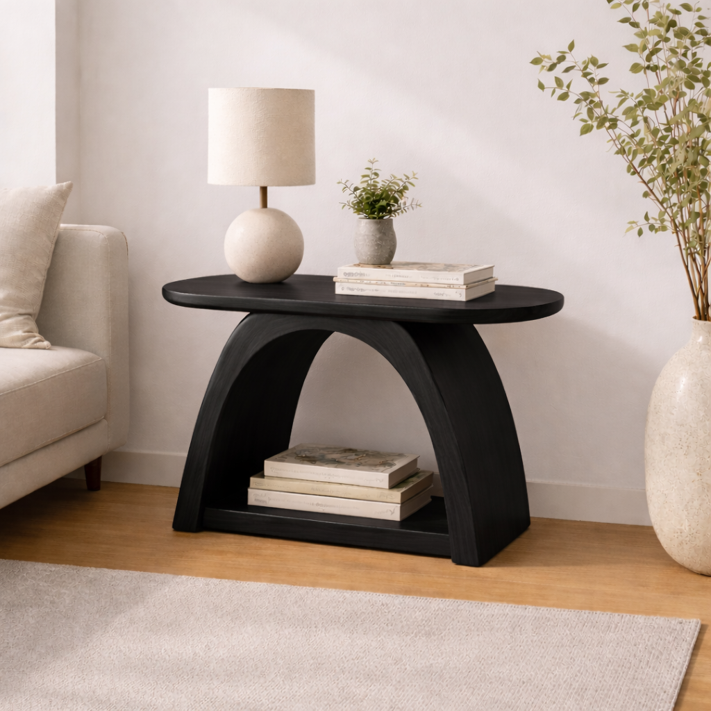 Solid Wood Curved Arch End Table with Shelf – Modern Walnut Side Table for Living Room Kitchnce