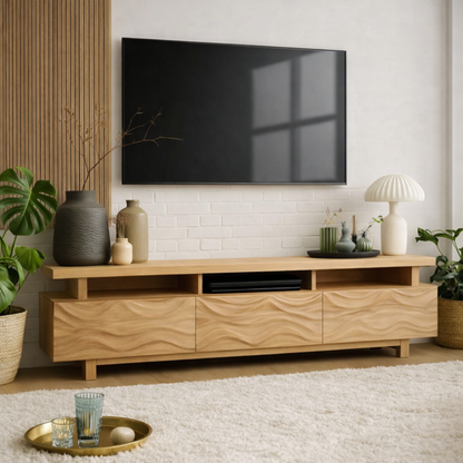 Mid Century Solid Wood TV Stand Long Media Console Modern Entertainment Cabinet Kitchnce