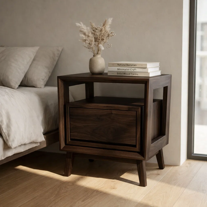 Solid Wood Nightstand - Modern Architectural Bedside Table with Floating Drawer