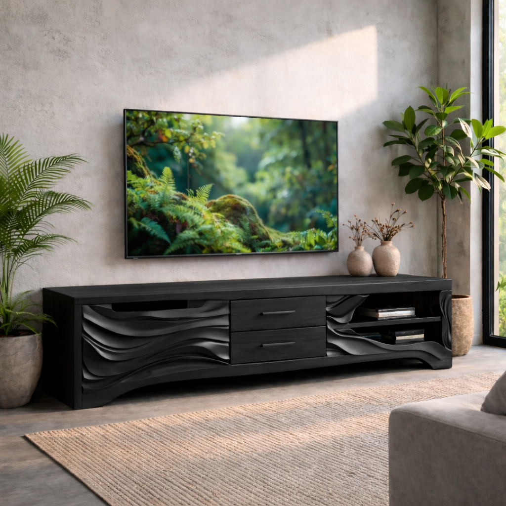 Solid Wood TV Stand with Carved Wave Front – Modern Media Console for Living Room Kitchnce