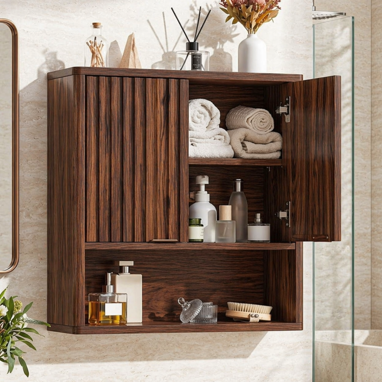 Floating Bathroom Cabinet, Modern Fluted Wall Mounted Vanity Storage Organizer Unit