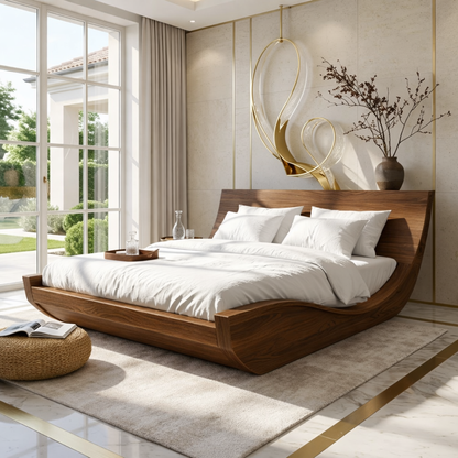 Modern Curved Platform Bed Frame, Luxury Minimalist Bedroom Furniture Design