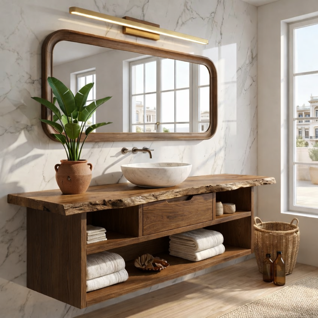 Modern Floating Vanity with Walnut Wood, Marble Sink, and Spacious Storage