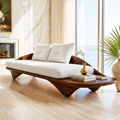 Contemporary Wooden Chaise Sofa, Minimalist Lounge Daybed with Integrated Platform