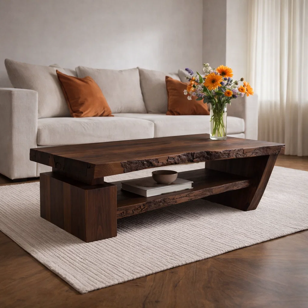 Solid Wood Live Edge Coffee Table with Modern Storage – Natural Design