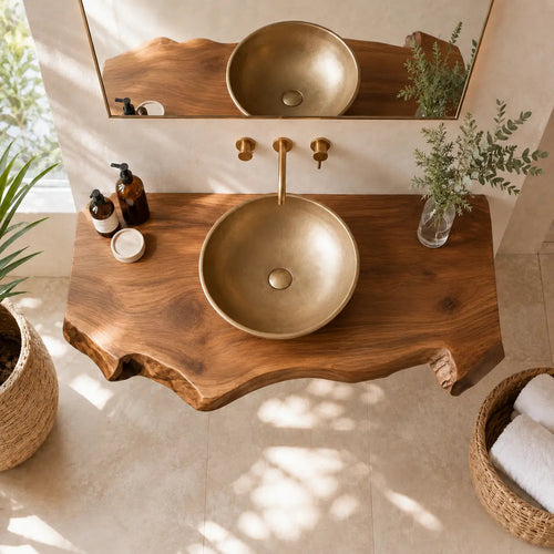 Dark Walnut Live Edge Vanity Shelf | Solid Wood Floating Bathroom Counter Kitchnce