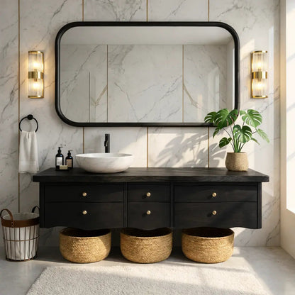 Rustic Double Sink Floating Vanity with Wooden Base and Black Faucets Kitchnce