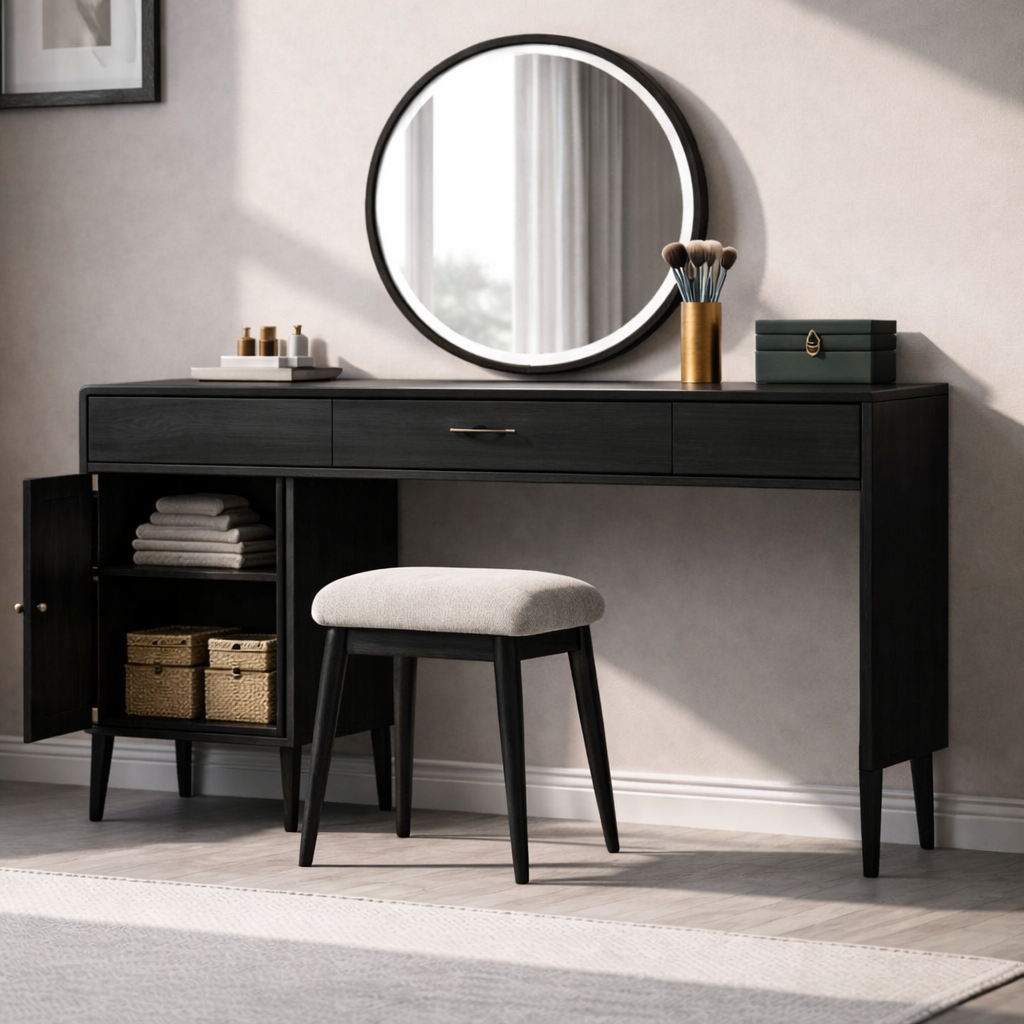 Sleek Solid Wood Makeup Vanity with Spacious Storage – Modern Design
