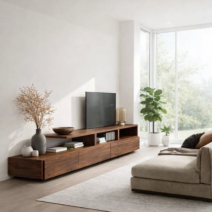 Solid Wood TV Cabinet with Open Shelf – Modern Walnut Media Console Kitchnce