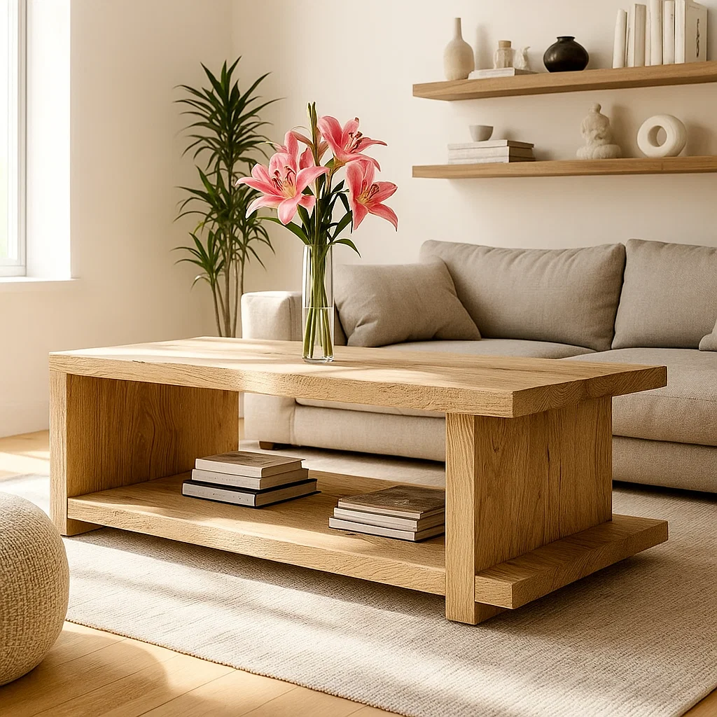 Handcrafted Solid Wood Coffee Table – Minimalist Japandi Wood Center Table with Open Shelf for Modern Natural Living Spaces Kitchnce