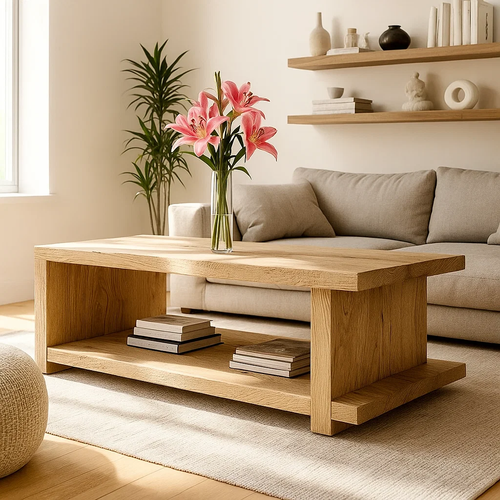Handcrafted Solid Wood Coffee Table – Minimalist Japandi Wood Center Table with Open Shelf for Modern Natural Living Spaces Kitchnce