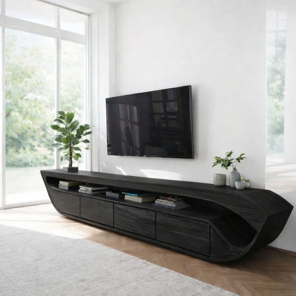 Solid Wood Media Console with Curved Ends & Drawers, Modern Low TV Stand