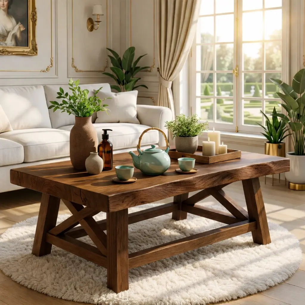 Handcrafted Wooden Coffee Table with X-Shaped Support, Natural Rustic Finish Kitchnce