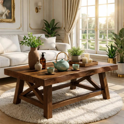 Handcrafted Wooden Coffee Table with X-Shaped Support, Natural Rustic Finish Kitchnce