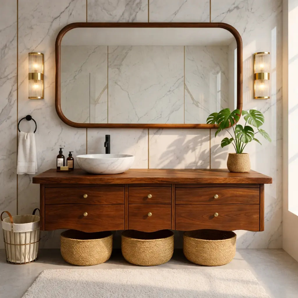 Rustic Double Sink Floating Vanity with Wooden Base and Black Faucets Kitchnce