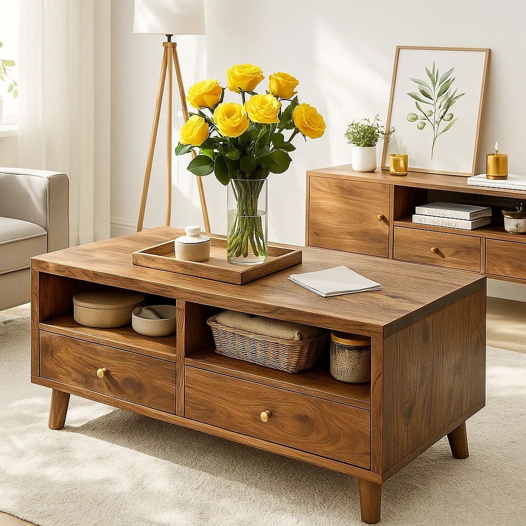 Handcrafted Solid Wood Coffee Table – Mid-Century Modern Wooden Center Table with Drawers and Open Storage for Living Room Kitchnce