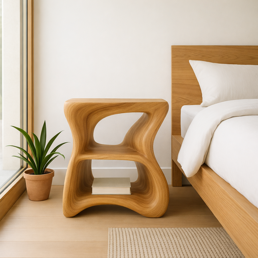 Modern Solid Wood Nightstand with Curved Design - Stylish Bedside Table for Bedroom Kitchnce
