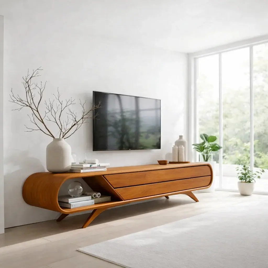 Solid Wood TV Cabinet Curved Modern Media Console Kitchnce