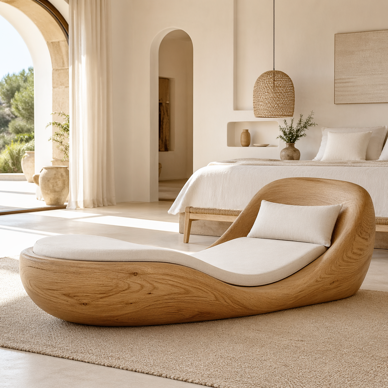 Luxury Curved Chaise Lounge Sculptural Daybed with Cushion for Bedroom Decor