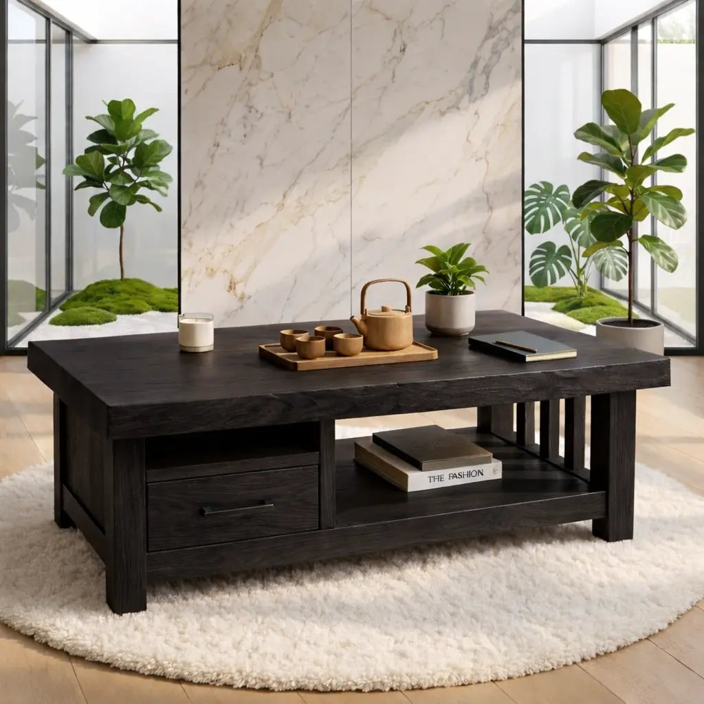 Modern Solid Wood Coffee Table with Drawer and Open Shelf for Living Room Storage Kitchnce