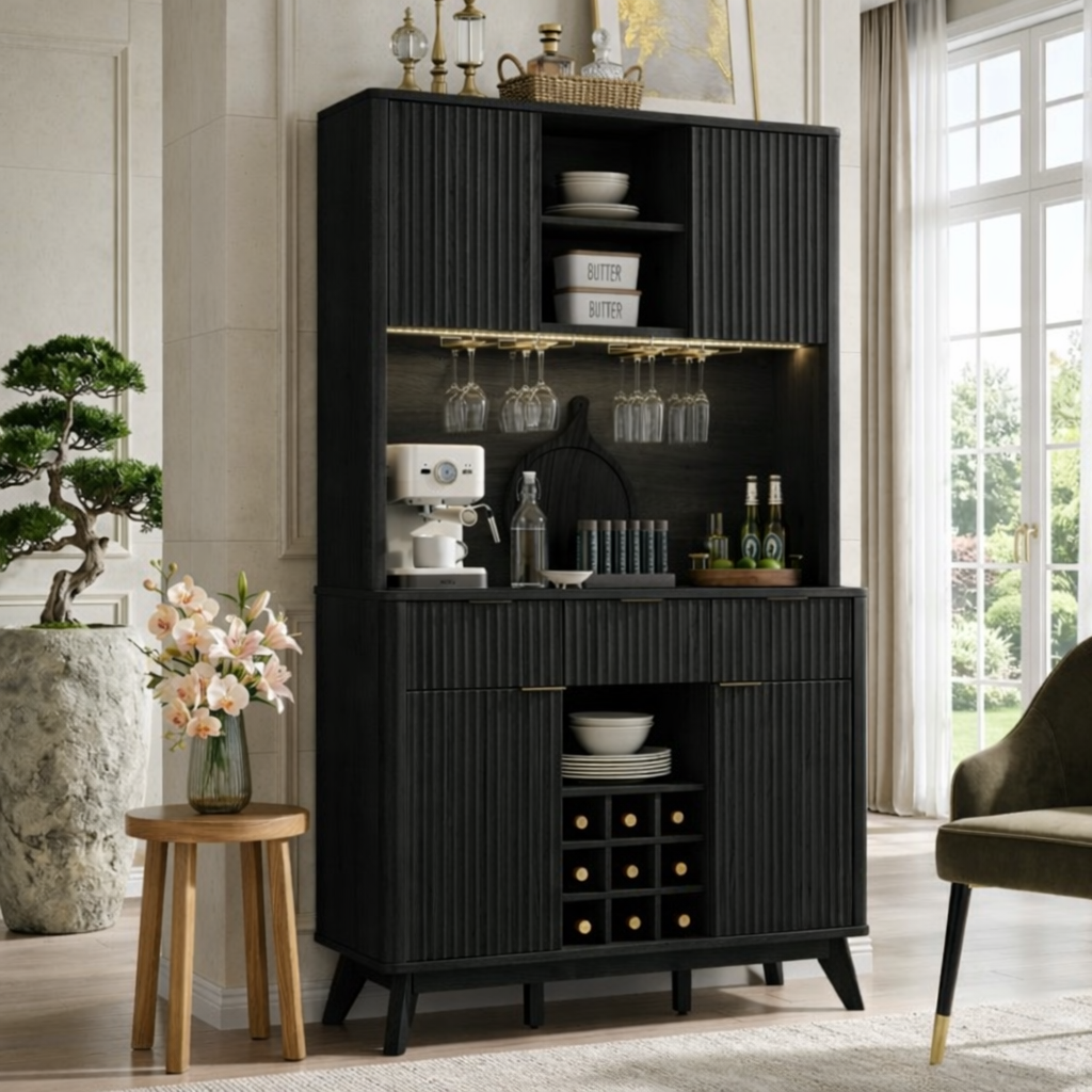 Tall Contemporary Fluted Wooden Bar Cabinet, Coffee-Station Hutch with Wine Storage
