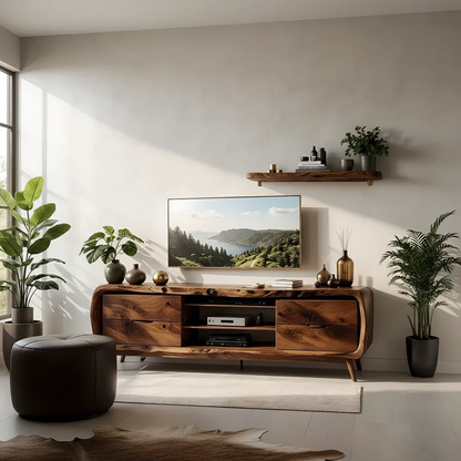 Solid Wood TV Stand Modern Walnut Media Console with Mid Century Design
