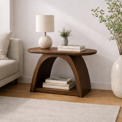 Solid Wood Curved Arch End Table with Shelf – Modern Walnut Side Table for Living Room Kitchnce