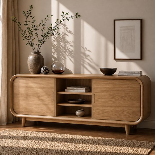 Modern Solid Wood Sideboard Cabinet with Sliding Doors & Open Shelf Storage