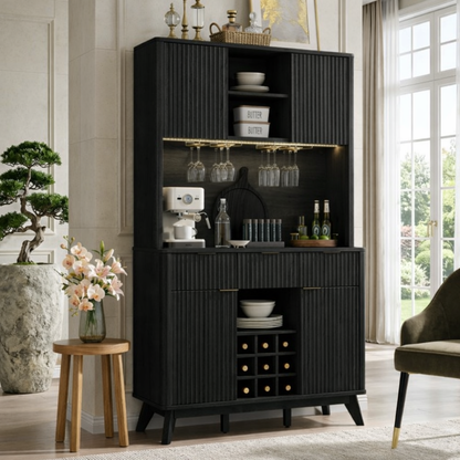 Tall Contemporary Fluted Wooden Bar Cabinet, Coffee-Station Hutch with Wine Storage