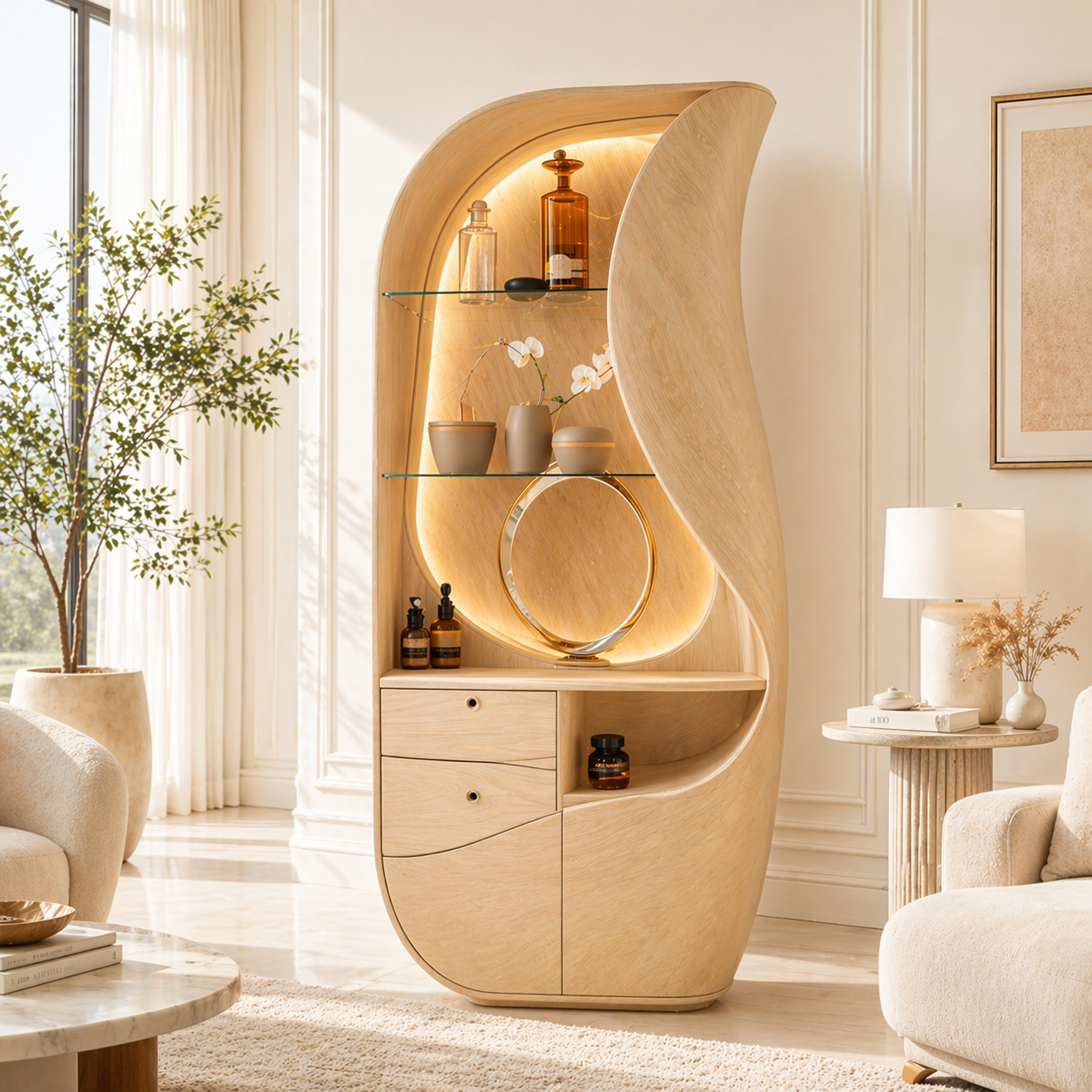 Sculptural Bar Cabinet Modern Display Shelves Accent Storage Cabinet Statement Furniture