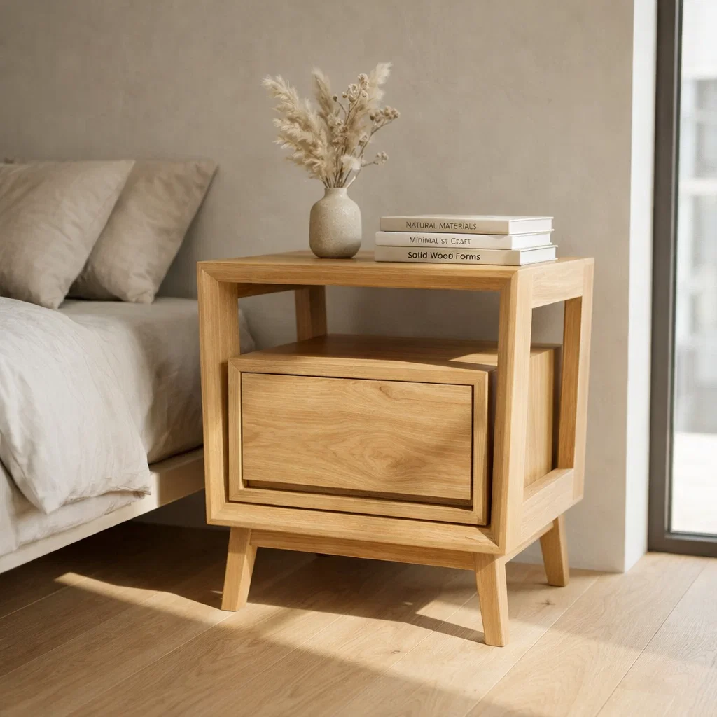 Solid Wood Nightstand - Modern Architectural Bedside Table with Floating Drawer