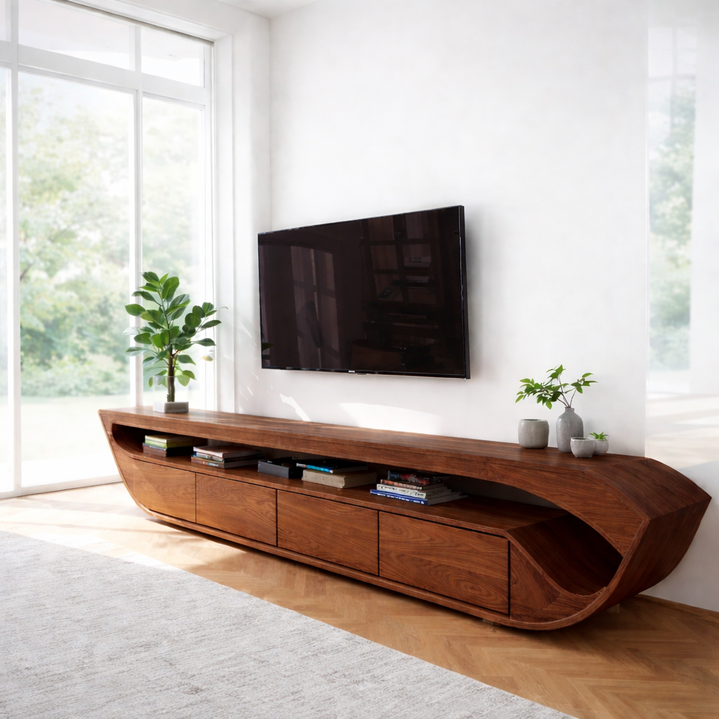 Solid Wood Media Console with Curved Ends & Drawers, Modern Low TV Stand