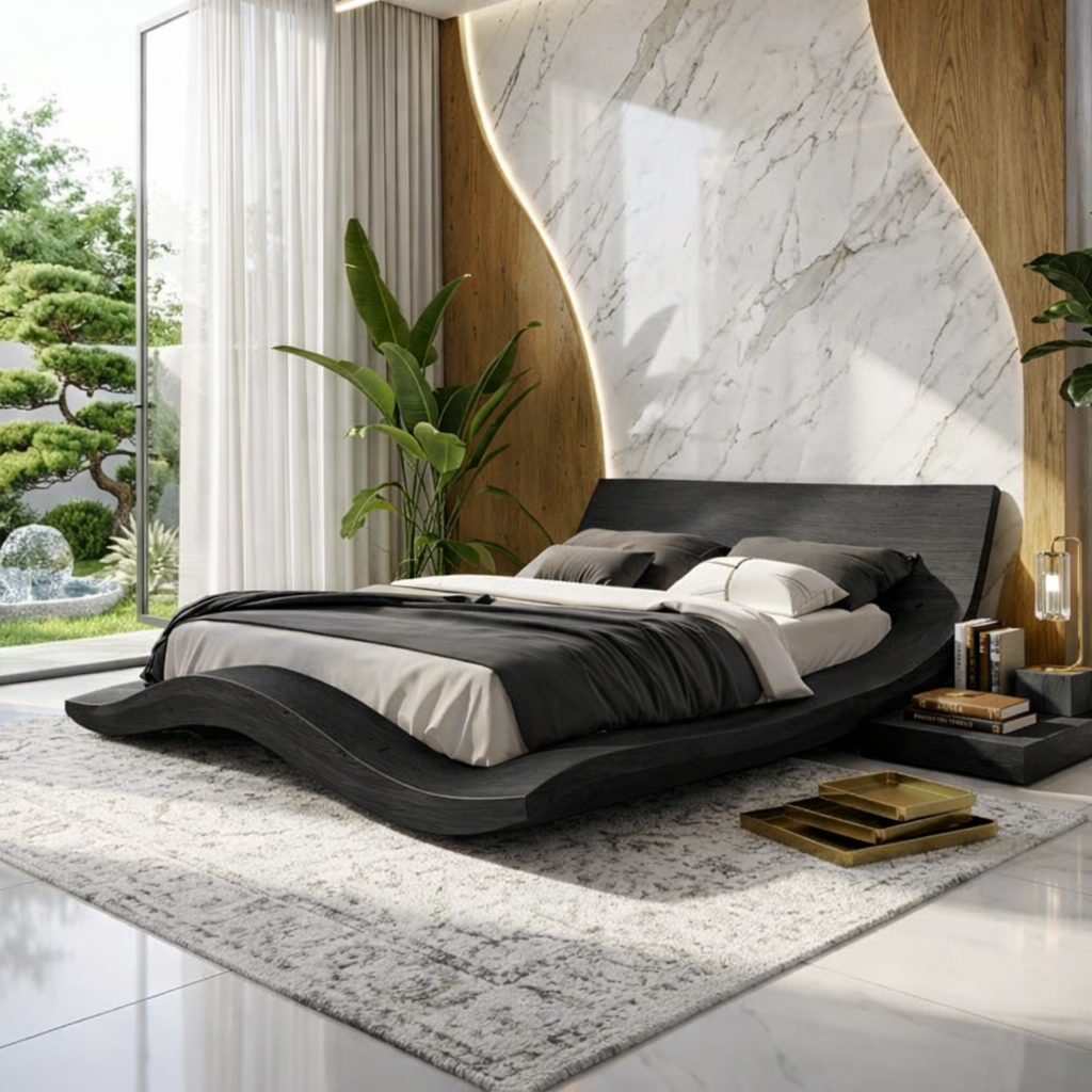 Modern Curved Wave Bed Frame, Luxury Platform Bedroom Furniture Design