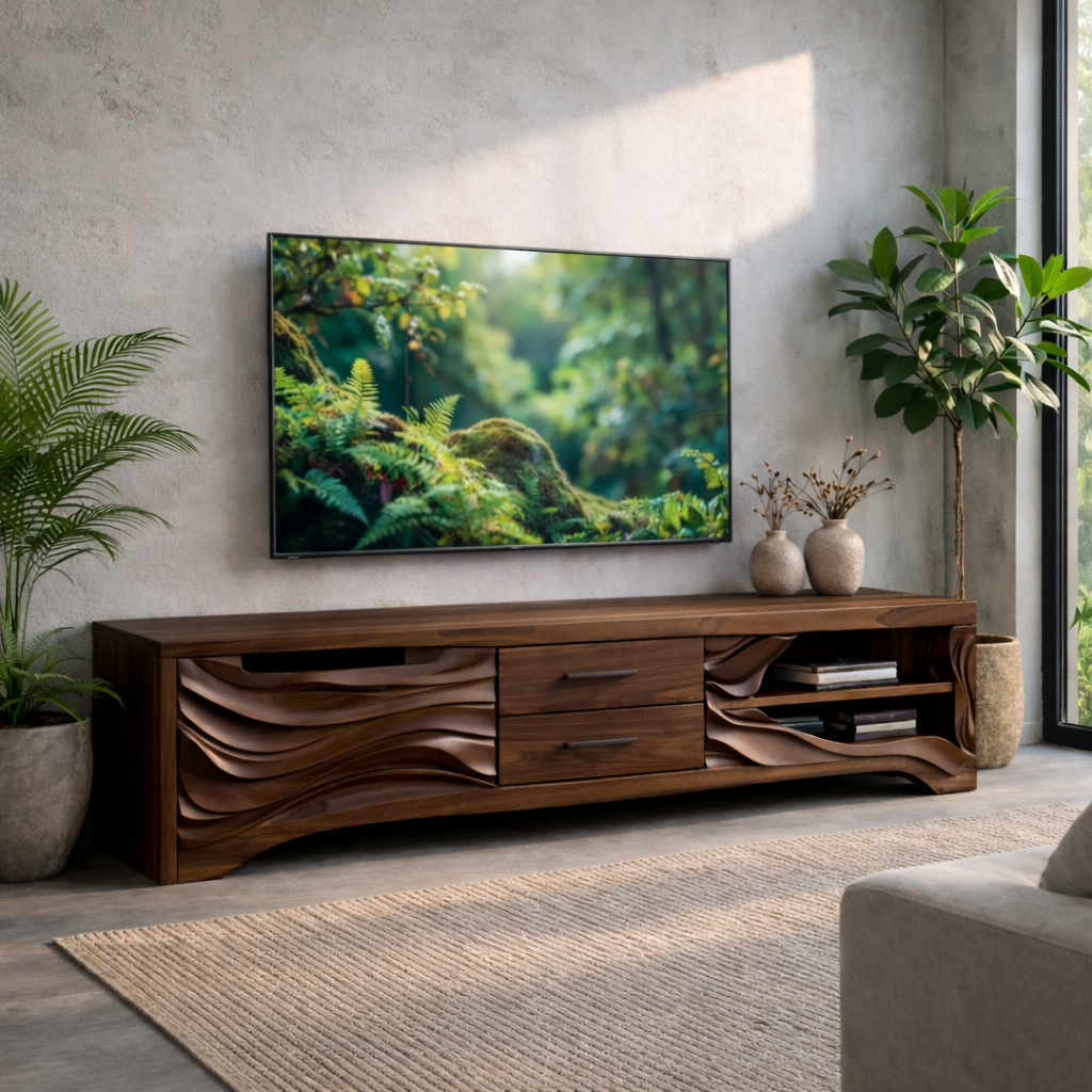 Solid Wood TV Stand with Carved Wave Front – Modern Media Console for Living Room Kitchnce
