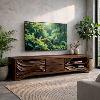 Solid Wood TV Stand with Carved Wave Front – Modern Media Console for Living Room Kitchnce