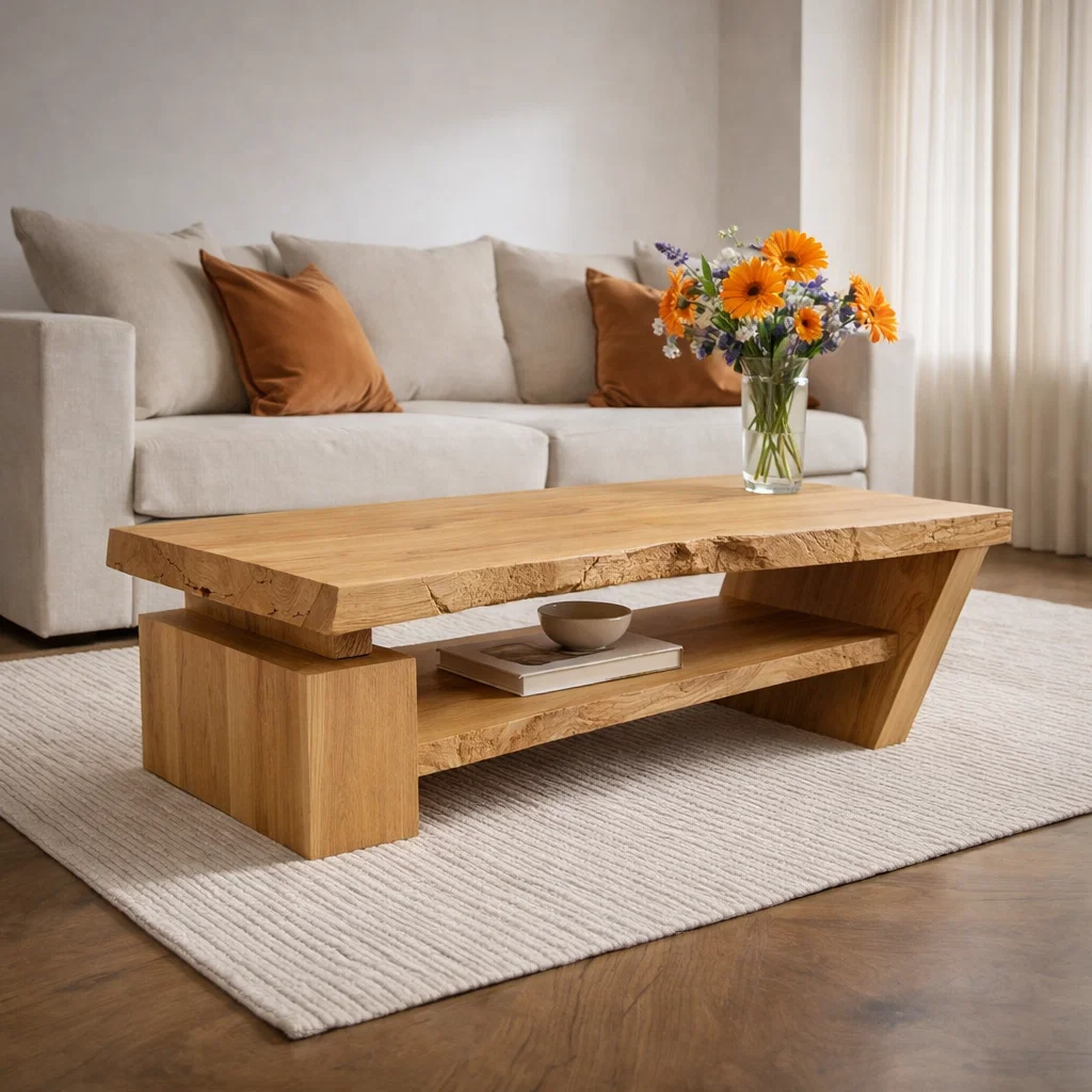 Solid Wood Live Edge Coffee Table with Modern Storage – Natural Design