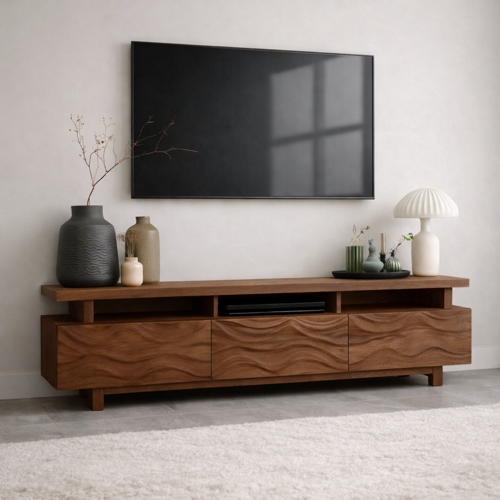 Mid Century Solid Wood TV Stand Long Media Console Modern Entertainment Cabinet Kitchnce